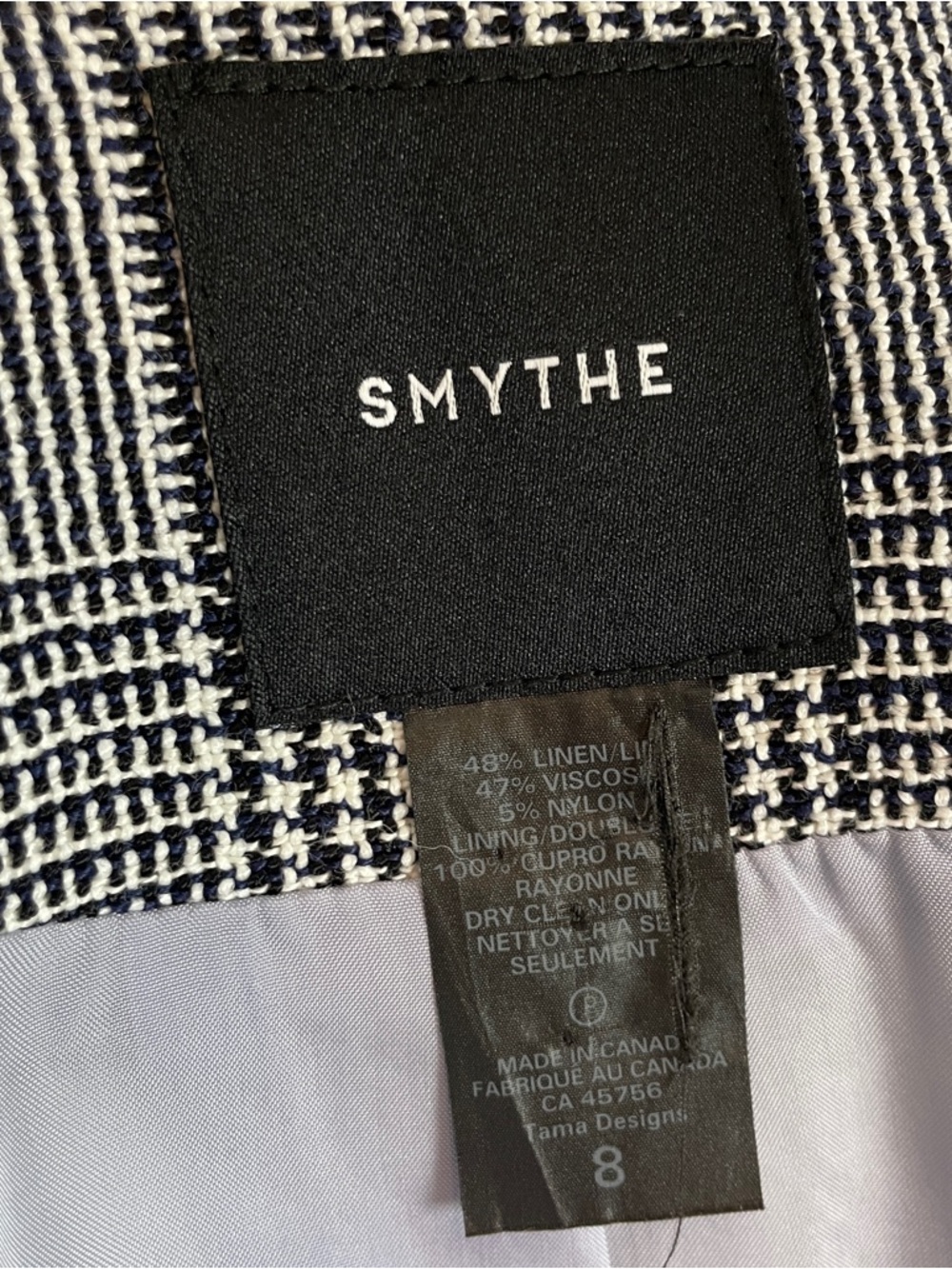 SMYTHE Portrait Neck Blazer Navy Prince of Wales Glen Plaid Linen Blend 8 - Picture 9 of 10